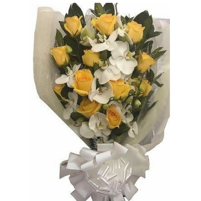 Buquê de Orquídeas e Rosas Amarelas - Floricultura Cesta e Flor