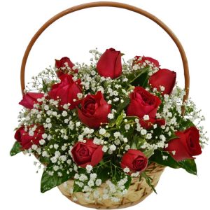 Cesta com 12 rosas vermelhas